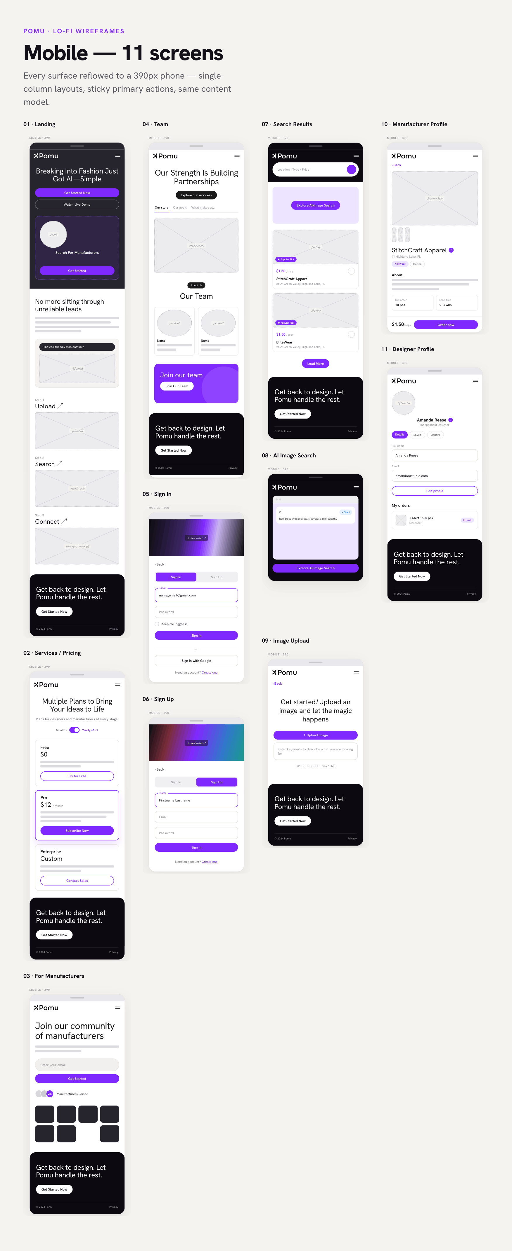Pomu mobile wireframes, 11 screens reflowed to 390px